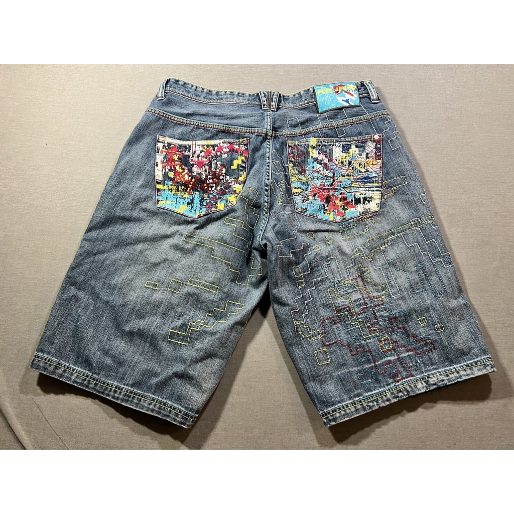 Pepe Space Invaders Shorts Mens 40 Blue Denim Baggy Hip Hop Video Game