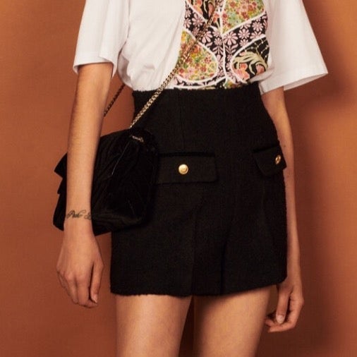 Sandro Black Nelly Shorts Textured Gold Button Tweed Wool High Waist