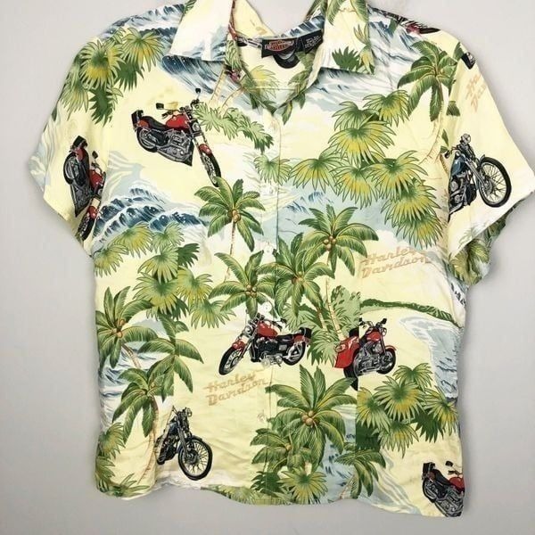 HARLEY DAVIDSON | Women’s Silk Motorcycle Graphic Button Front Shirt Size Large