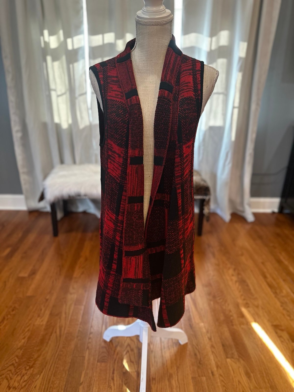 Ali Miles red and black buffalo plaid knitted sweater vest