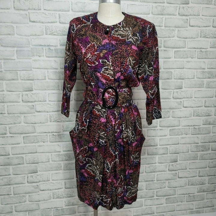 Vintage 80s 90s Cimmaron Womens S Abstract Button Front Dress W/ Belt Geeky