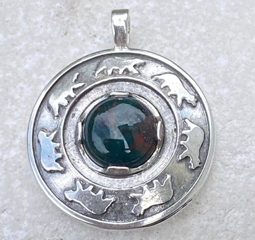 Bear Dance Circle Pendant .925 Sterling Silver w/ genuine Bloodstone Made in USA