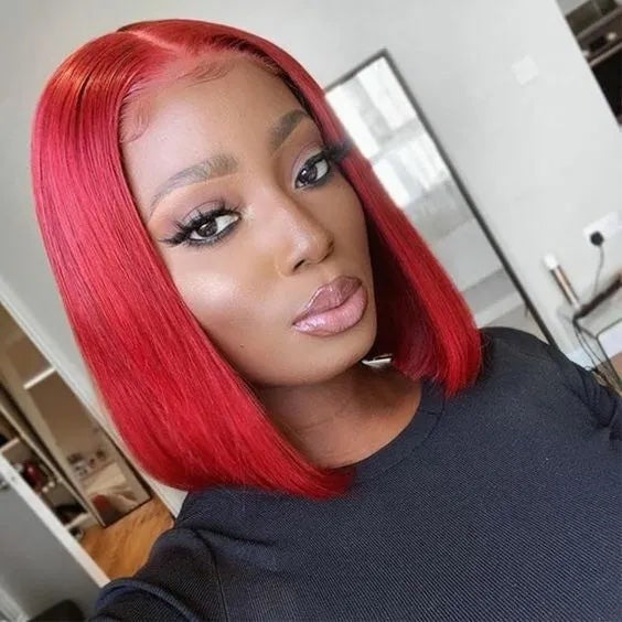 Red Human Hair Straight Bob Wig