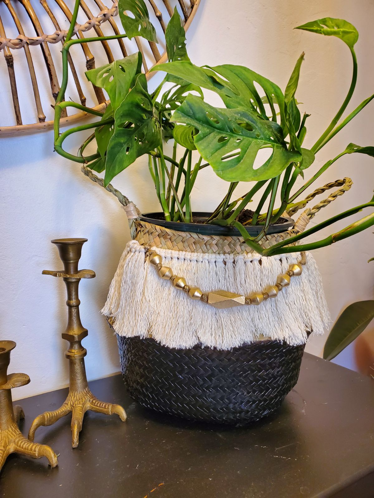 Boho woven basket with macrame detail