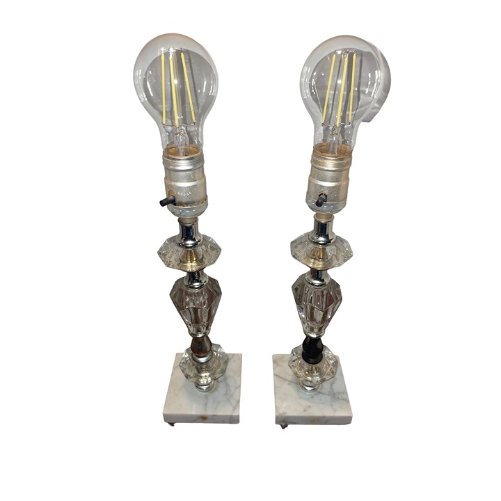 vintage mid century glam pair of lamps marble base cut glass