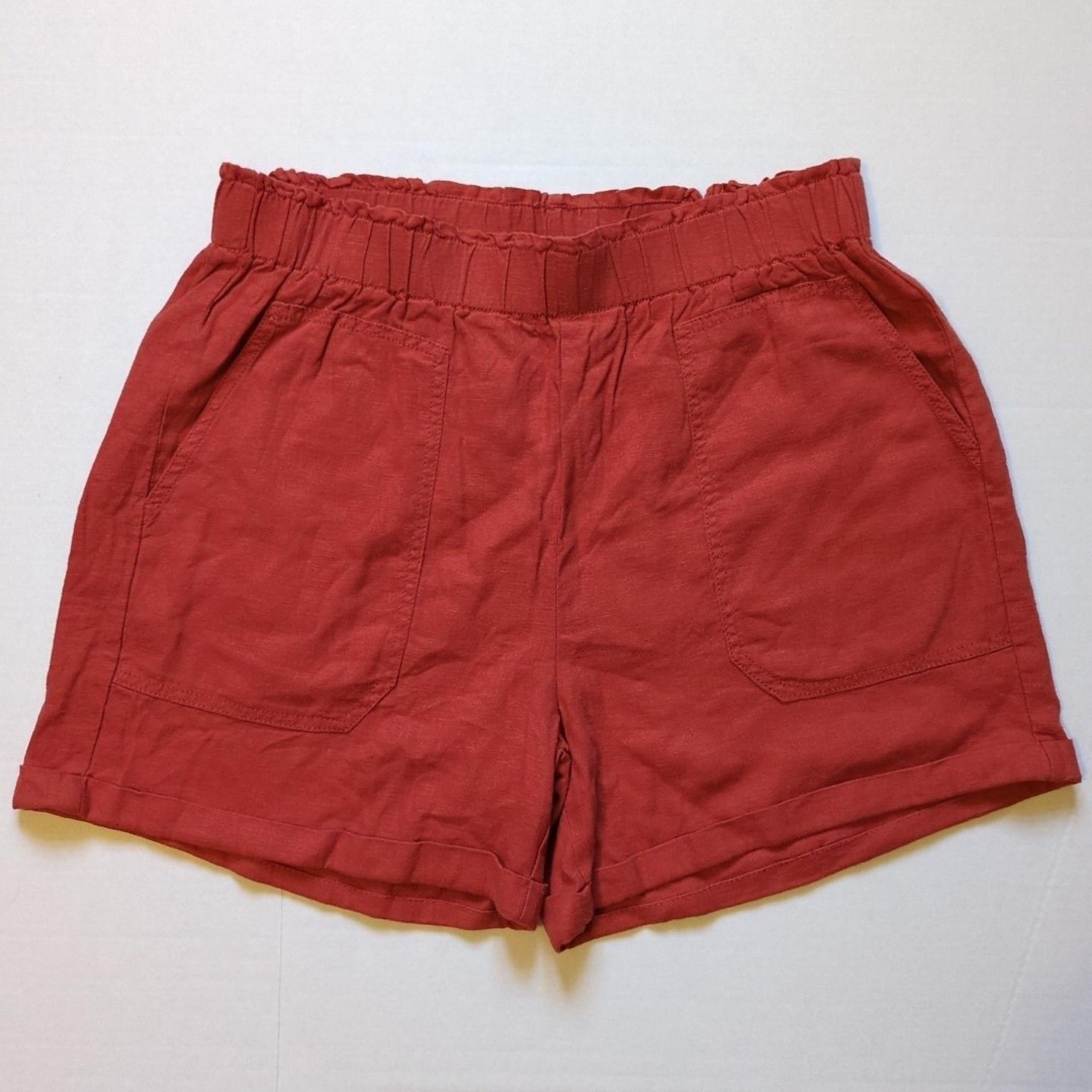 Briggs Linen Rayon Shorts Women's Large Orange Red Pull On Pockets Casual Cuffed