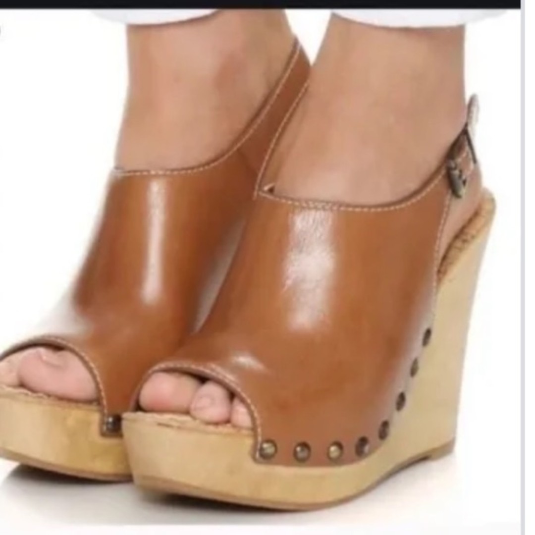 Sam Edelman Camilla Saddle ( Tan) Leather Slingback Peep Toe Studded Wedges S7