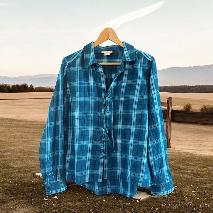 Women Teal/Aqua Ariat Sandy Lace Up/Tie Front Flannel Plaid Cotton Shirt-Size L