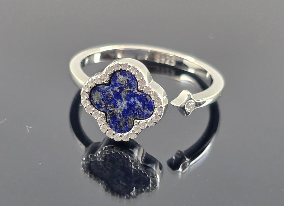 Natural lapis clover white gold filled solid 925 sterling silver ring