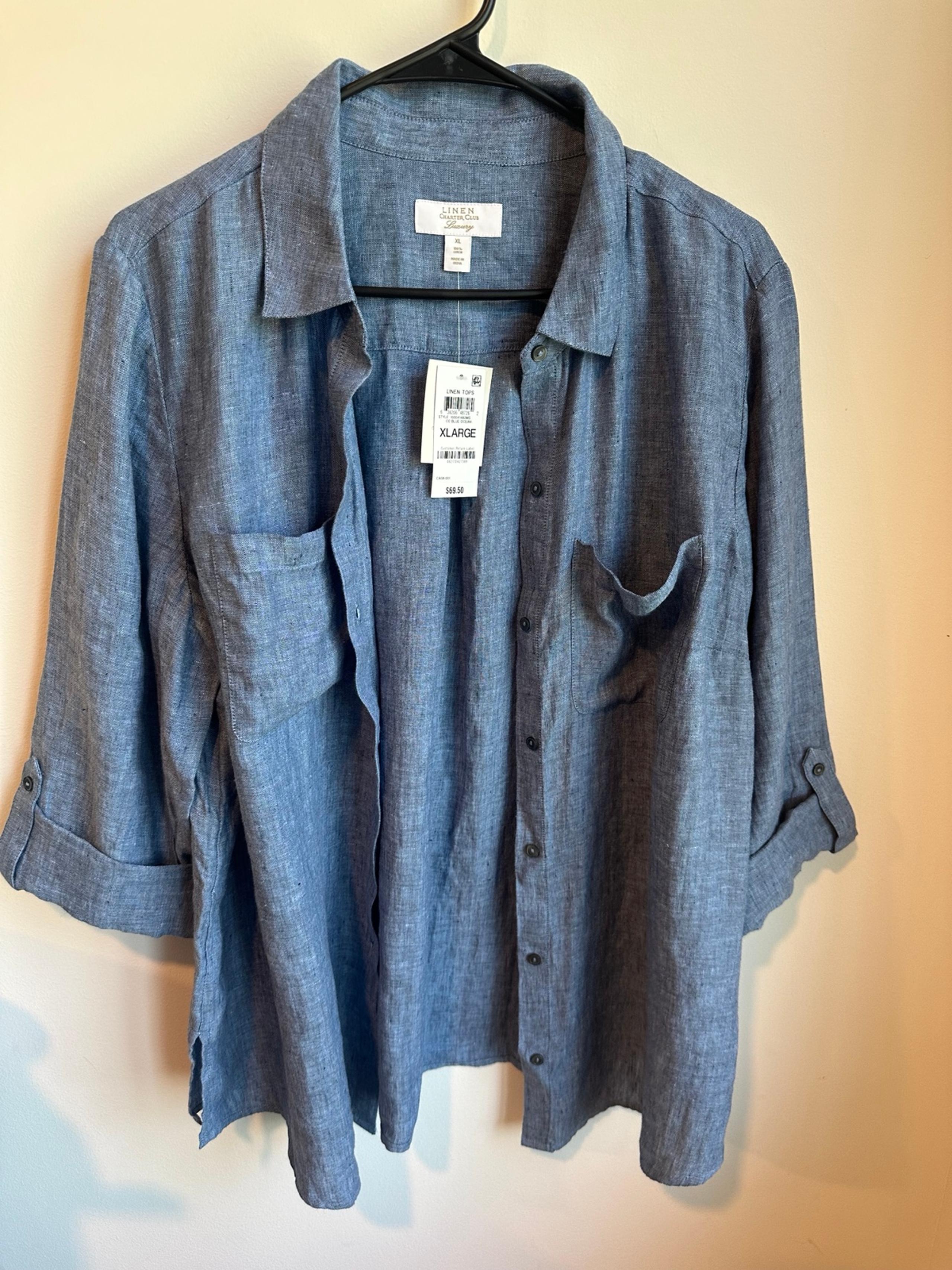 Charter Club Button Down Linen Shirt Blue Sz XL