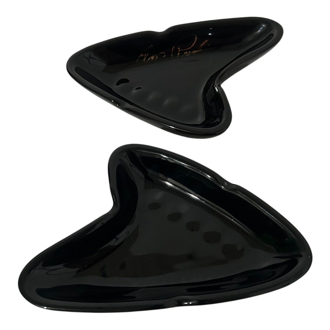 Set Of 2 Retro Elvis Presley Signature Ashtrays Black Ceramic MCM Kitsch