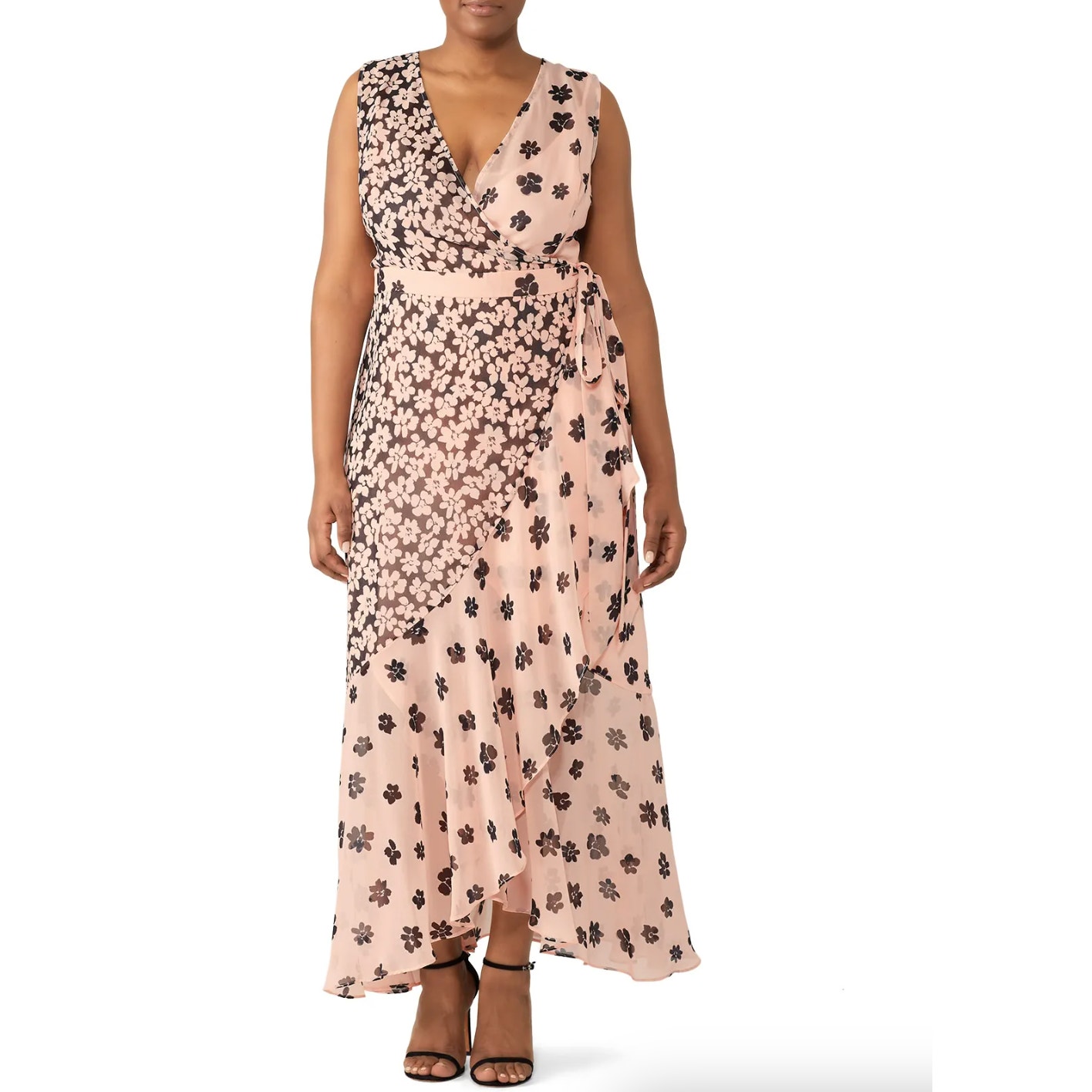 Fame & Partners Pink Floral Ruffle Wrap Dress 16 Midi Maxi Grad Shower Wedding