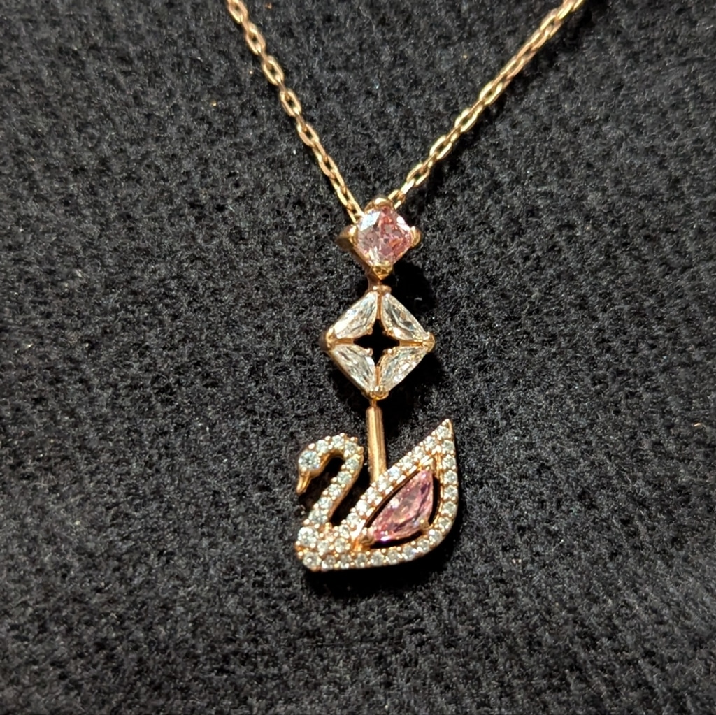 Swarovski Gold Tone Dazzling Swan Pink And Clear Crystal Dainty Pendant Necklace