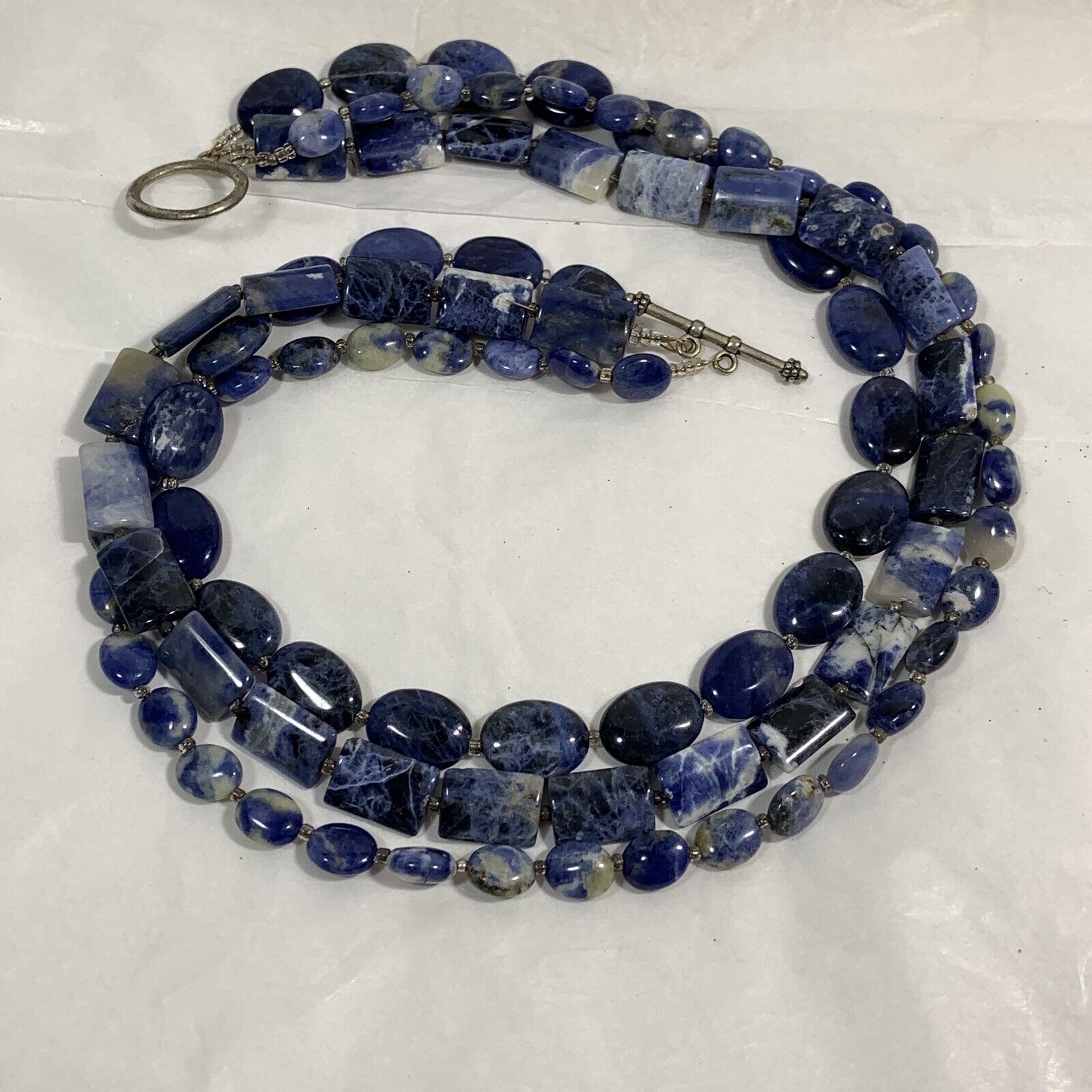 Handcrafted 3 Strand Blue Stone Necklace Sodalite Square Oval Toggle 18