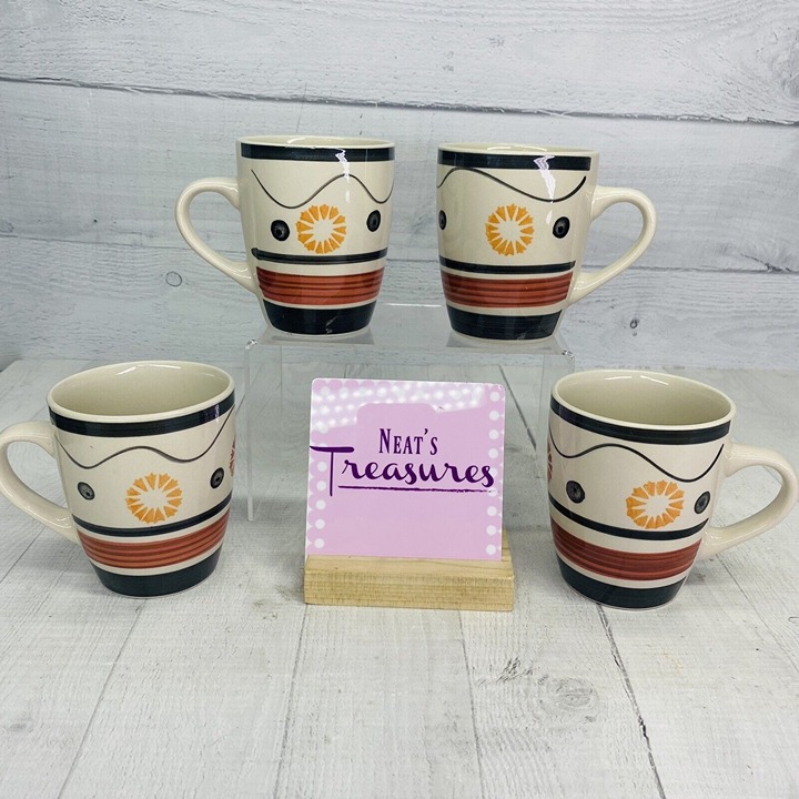 Tabletops FRESCO Hand Painted Red & Brown Swirl 14oz Stoneware Cup Mugs Set of 4