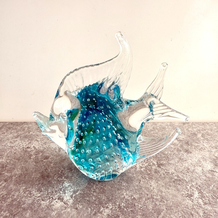 Vintage Murano Art Glass Aqua Blue Angel Fish Paperweight