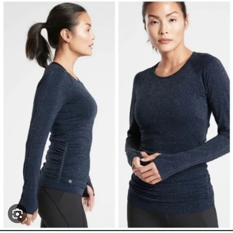 Athleta Speedlight Glow Long Sleeve Shirt Navy Sparkles Thumb Holes Women XL