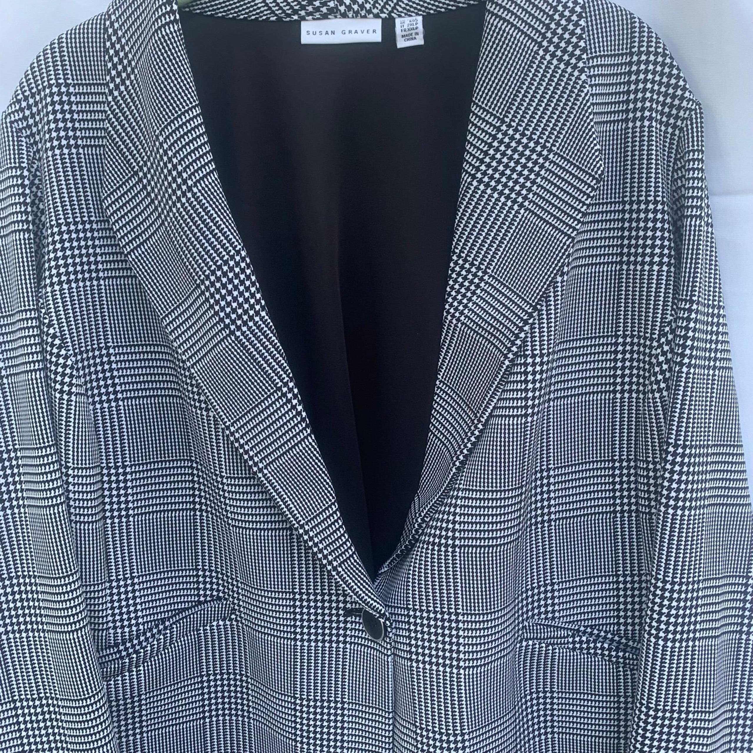 Susan Graver One/Button Black/White Glen Plaid Blazer Two Pocket Sz XL