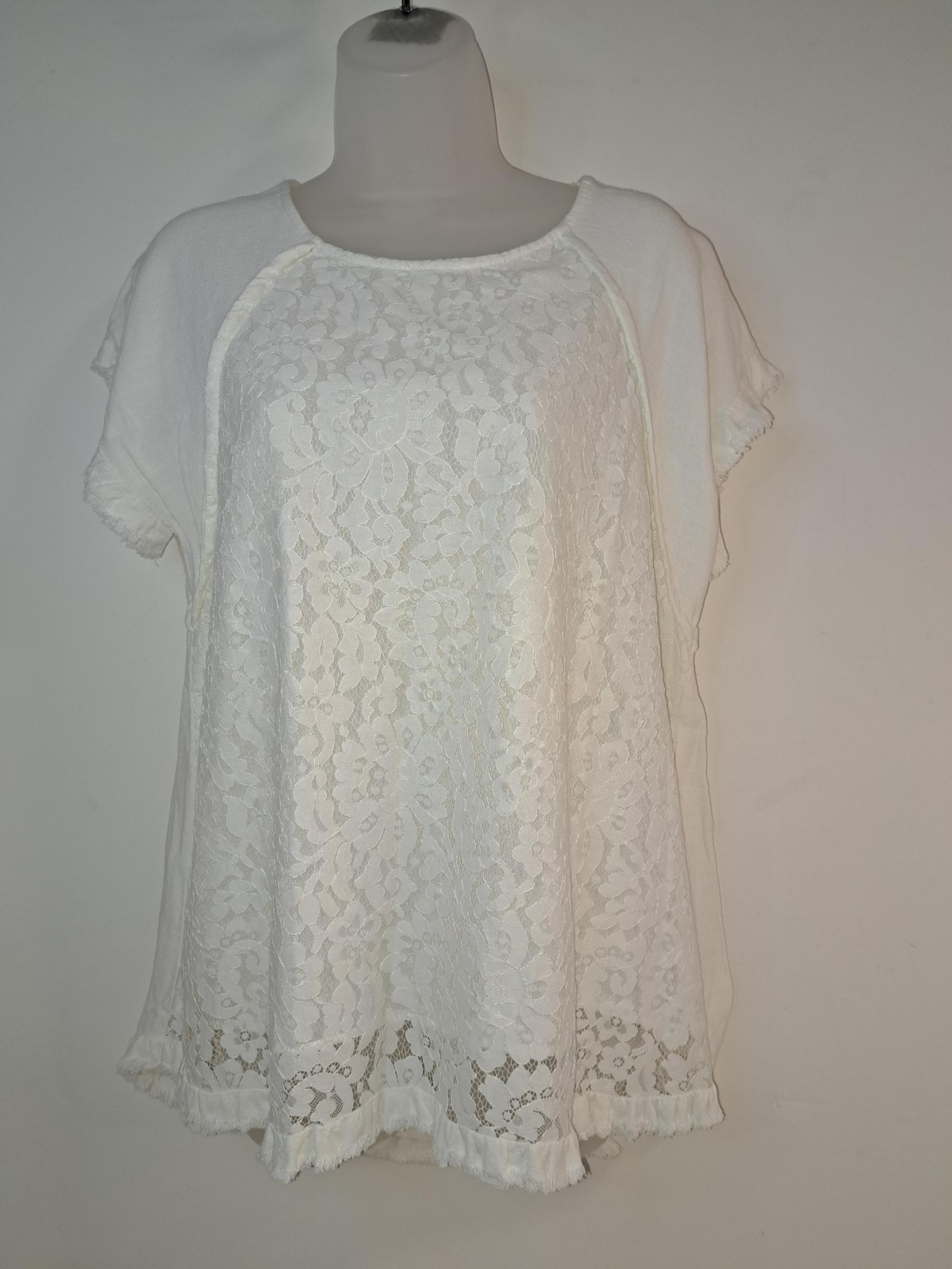 Umgee Women’s Ivory Lace Front Top Size Small Boho Short Sleeve Blouse