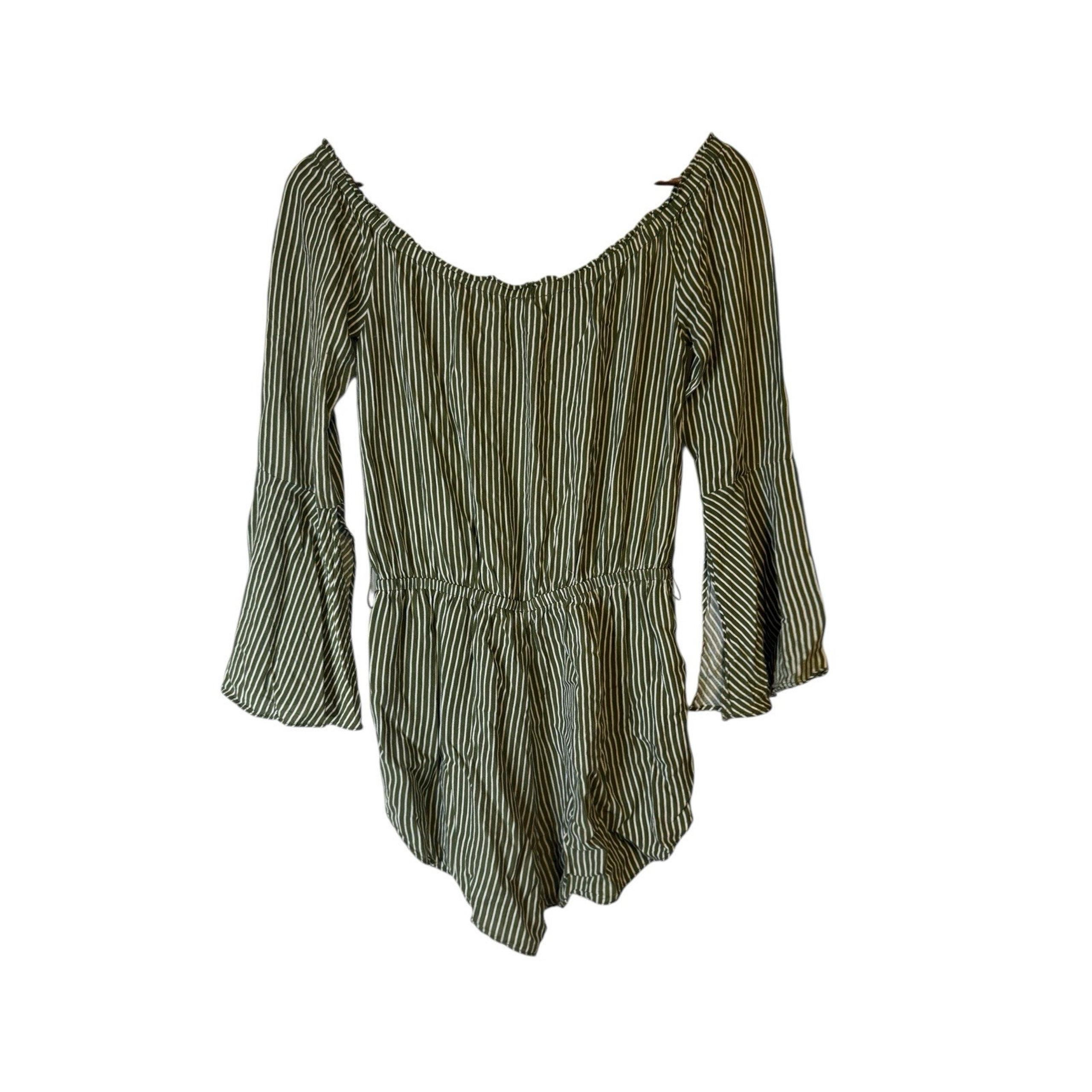 Silence + Noise Green Striped Off Shoulder Romper Bell Sleeve Size M