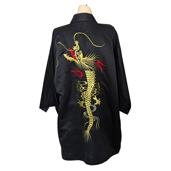 Vintage Japanese Haori Satin Kimono Jacket Embroidered Dragon Unisex Asian Boho