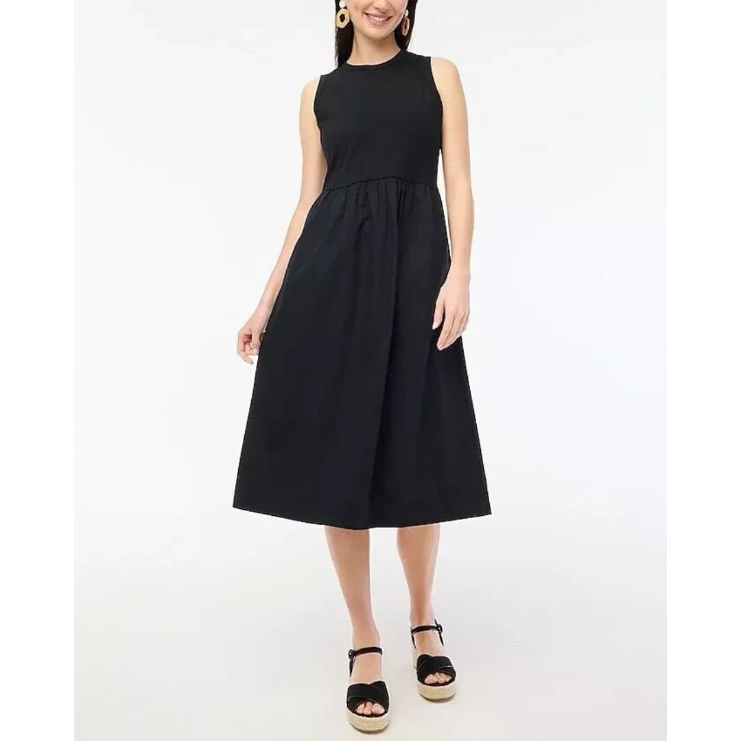 J Crew Midi Dress XL High Neck Mix Knit Black Sleeveless Cotton Fit and Flare