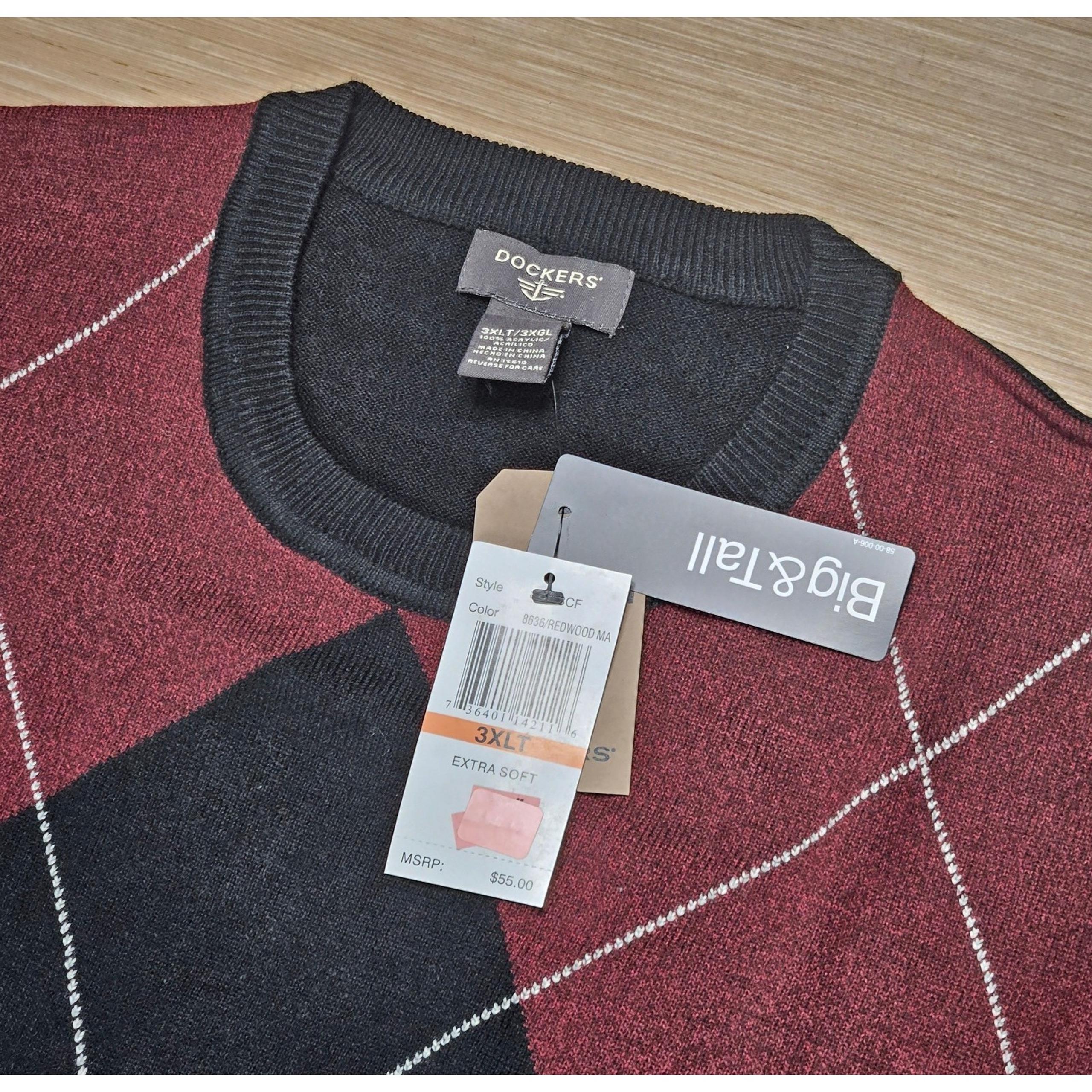 Dockers Mens Argyle Gloria Crafted Sweater Size 3XLT Red Gray Redwood Extra Soft
