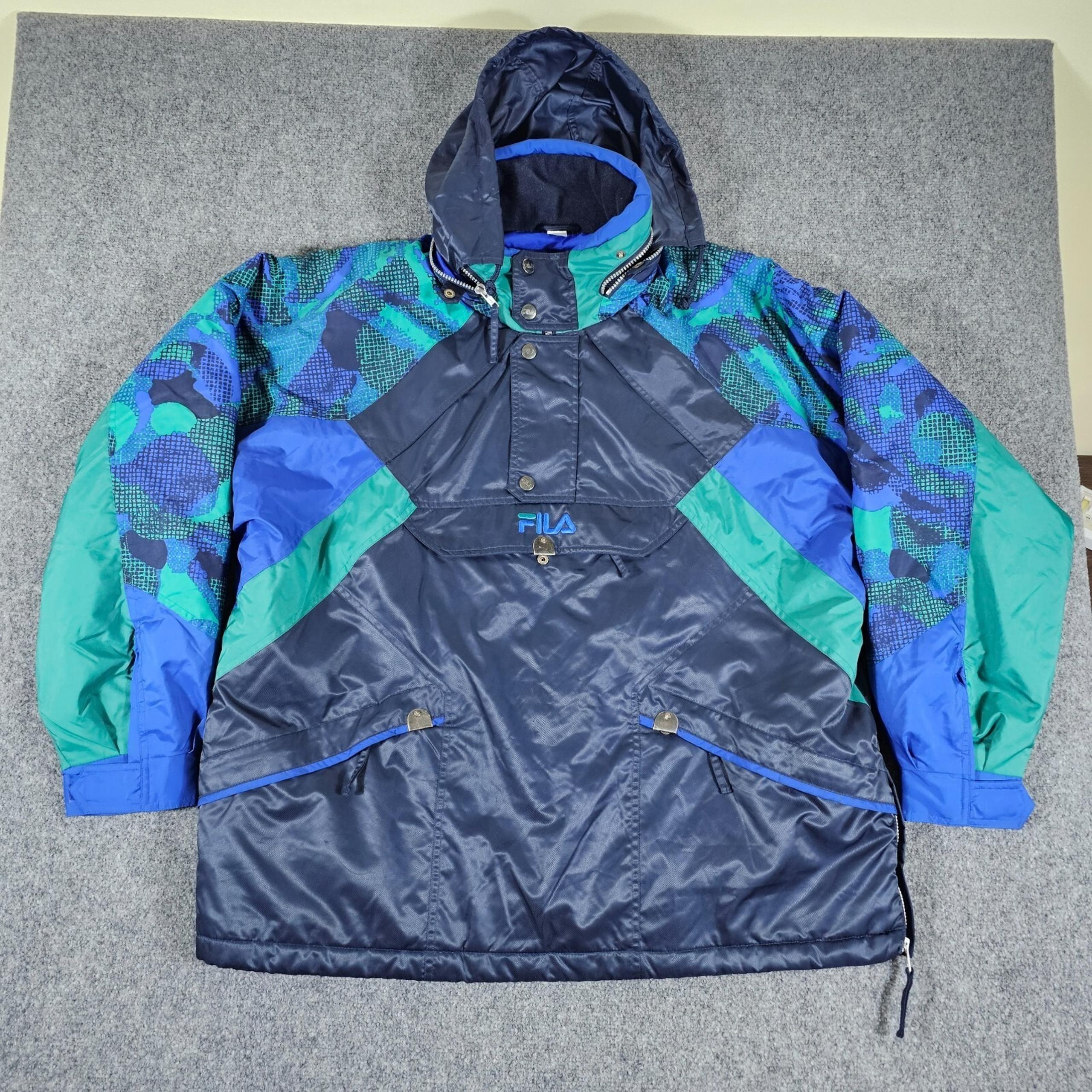 Vintage 90s FILA Italia Ski Team Quarter Zip Graphic Puffer Jacket Blue Mens XL