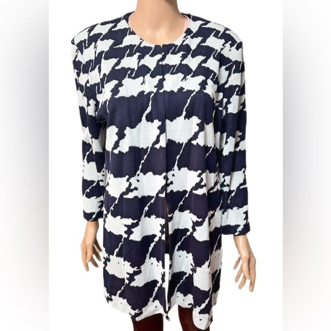 Misook Womens Cardigsn L Knit Lightweight Blue White Houndstooth Elegant