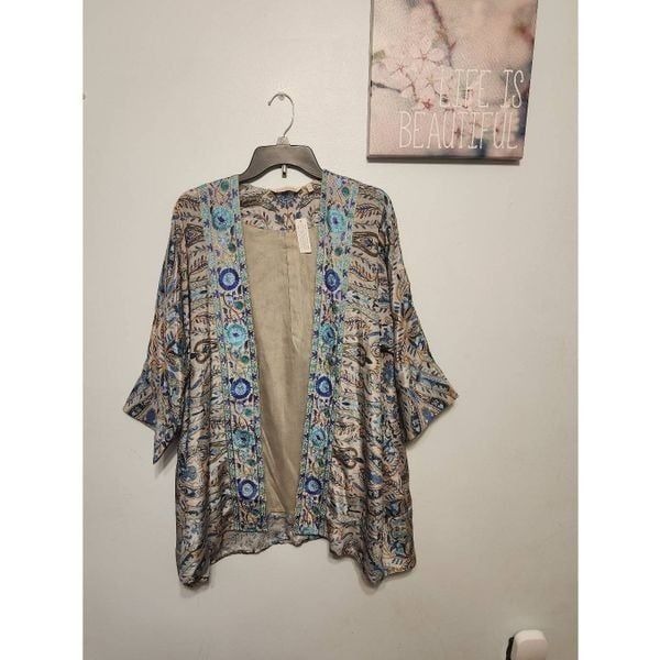 NWT Soft Surroundings Embroidered Medina Topper Kimono L/XL Blue Gray Boho