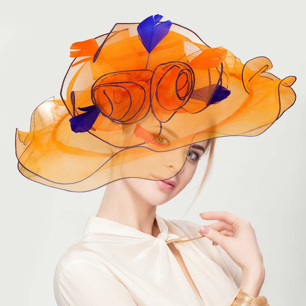 Orange Feather Accented Double Layered Organza Hat