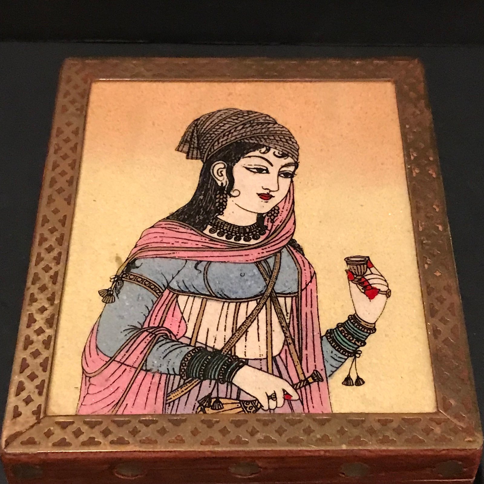 Wooden jewelry box with glass gem stone painting and brass border