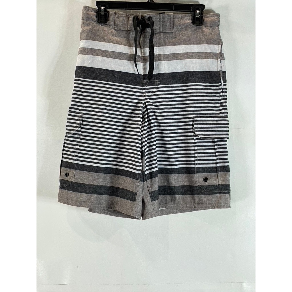 MONUMENT Men's Gray/Black Striped Elastic Drawstring Pull-On Board Shorts SZ S