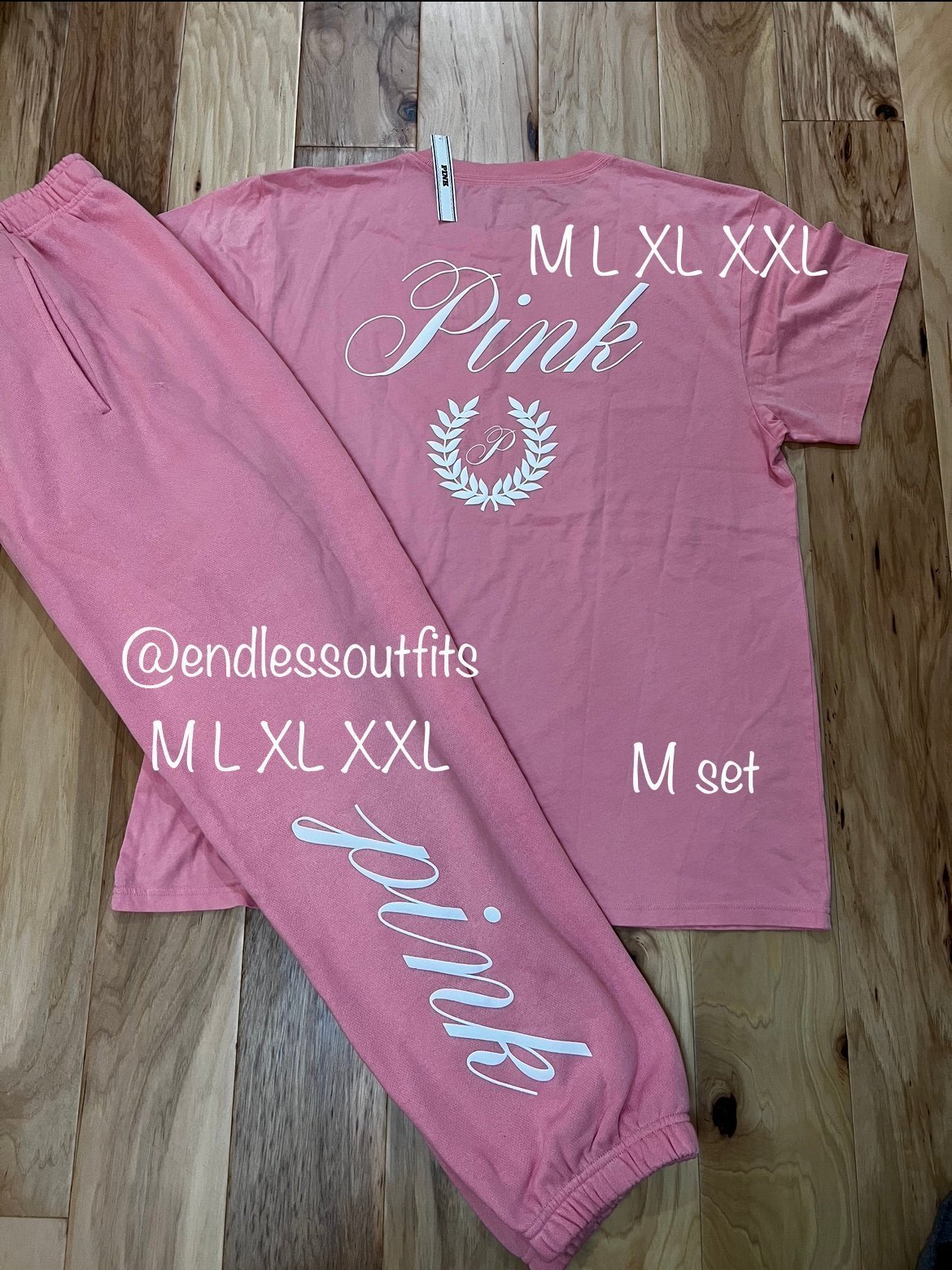 VS PINK PASSION PINK OUTFIT IVY FLEECE CAMPUS SWEATPANTS & TEE M
