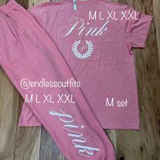 VS PINK PASSION PINK OUTFIT IVY FLEECE CAMPUS SWEATPANTS & TEE M