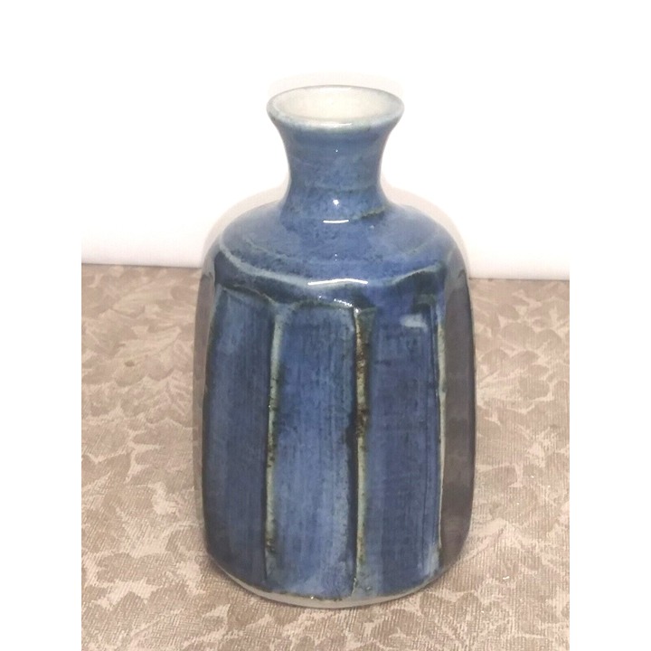 Ikebana Bottle Vase Japanese Mashiko Ware blue Glaze octagon unique HTF ?VTG