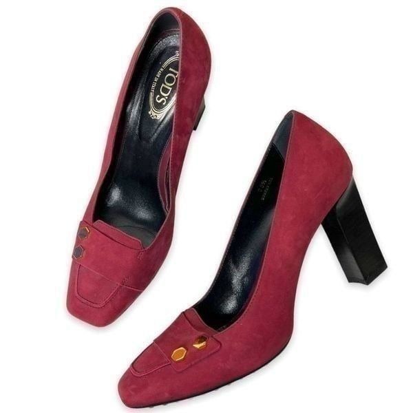 TOD'S Women's Magenta Pink Block Heel Suede Leather Pumps Square Toe Size 38.5
