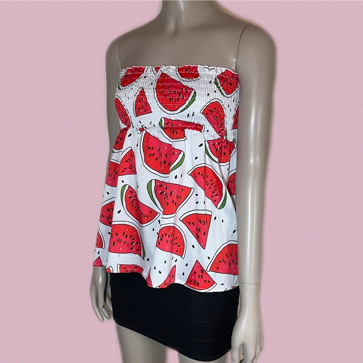 Top Watermelon Print Top White sleeveless flowy top with a shirred upper and bri