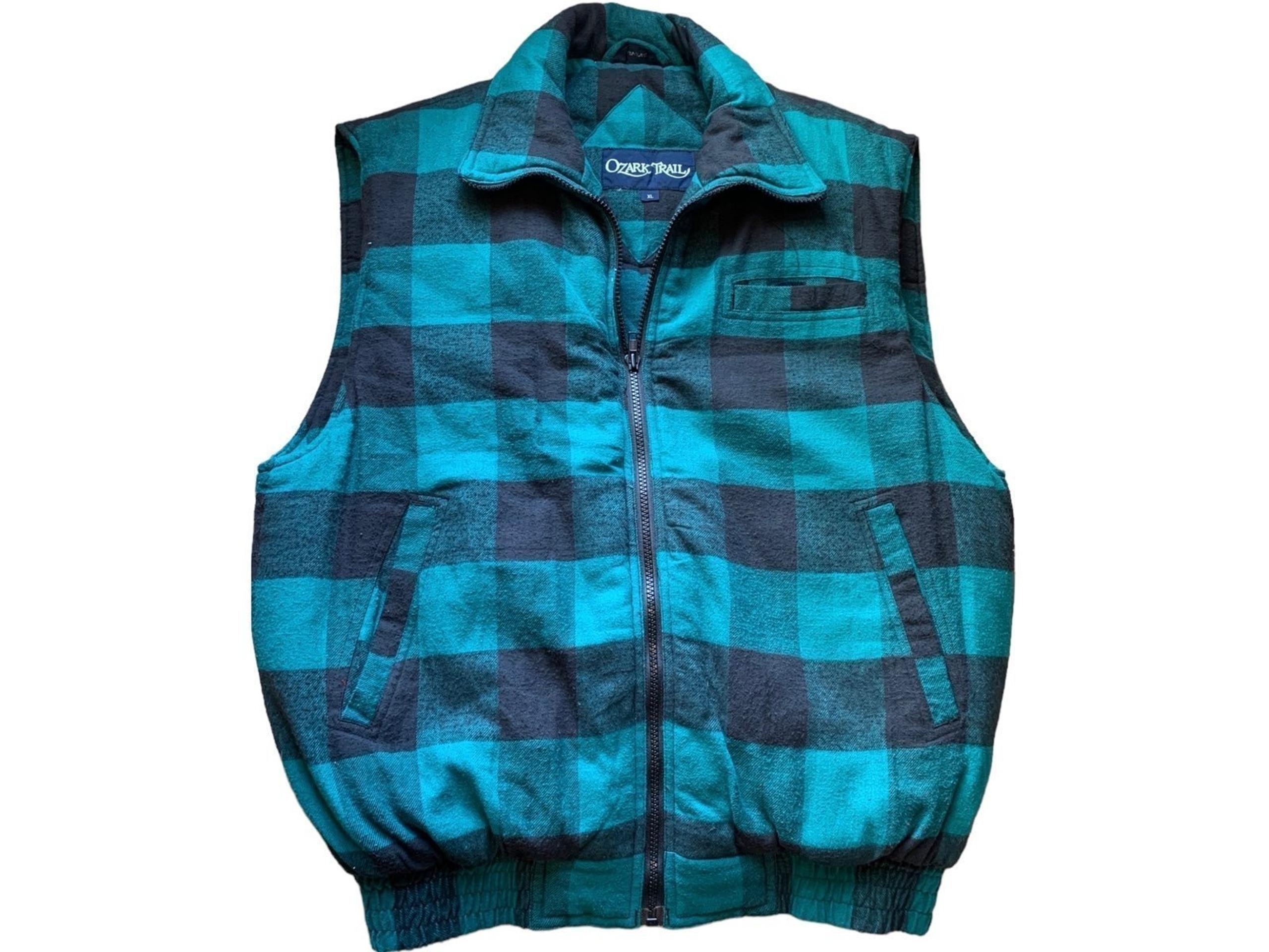 OZARK TRAIL Men's Size X-LARGE Vest Green Plaid Flannel Full Zip Casual