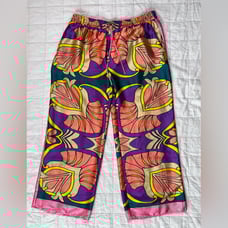 Zara Purple Pink Yellow Vibrant Patterned Satin Effect Boho Palazzo Pants -Large