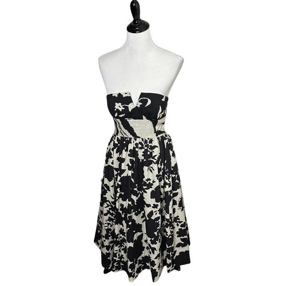Tibi Strapless V-Cut Strapless Floral Print 100% Wool Dress Black & Ivory Size 6