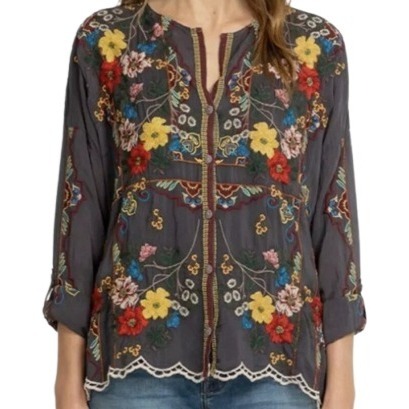 Johnny Was Womens Embroidered Button Up Peasant Blouse Gray Embroidered Cupra 1X