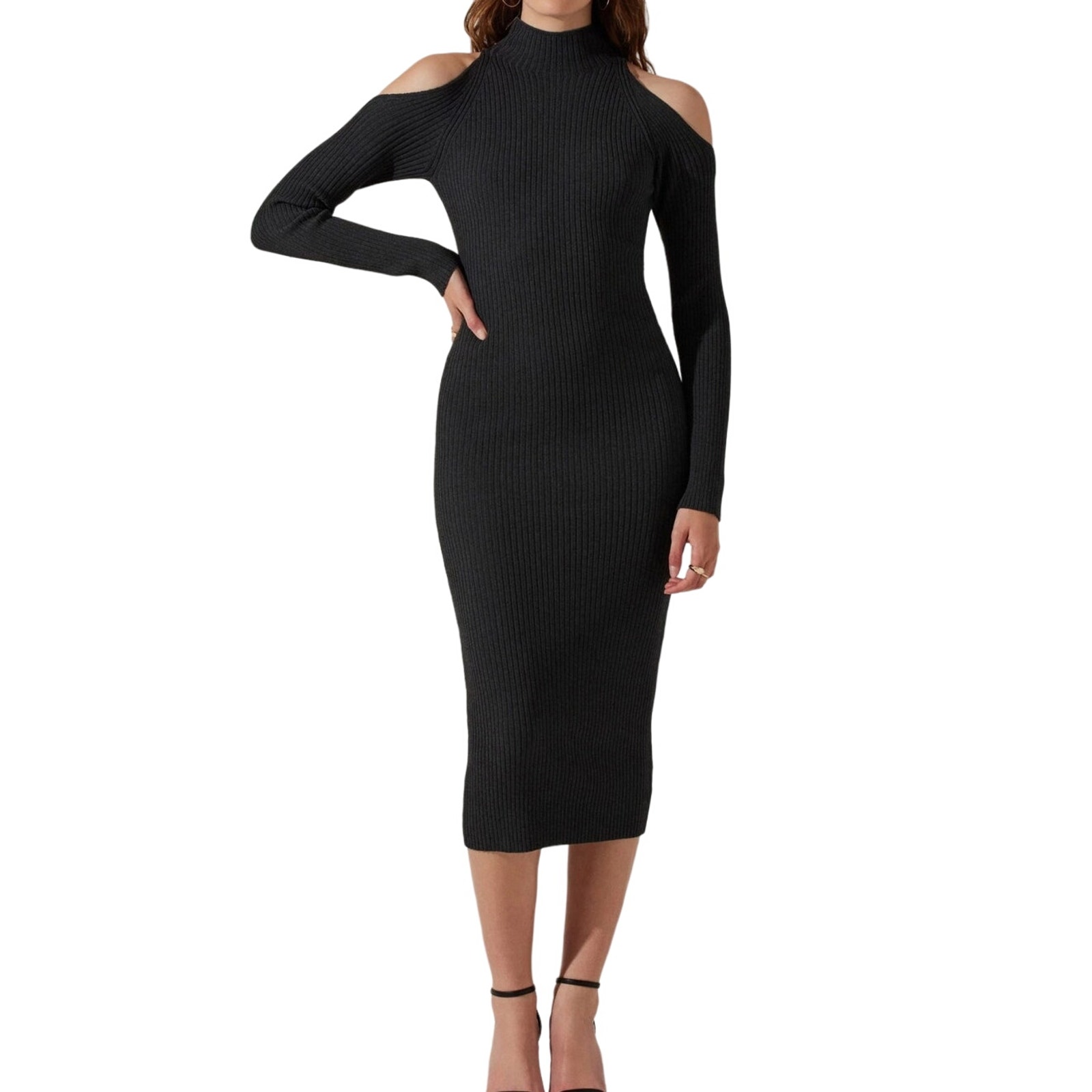 ASTR Charcoal Gray Cold Shoulder Mock Neck Bodycon Midi Sweater Dress Small NWT