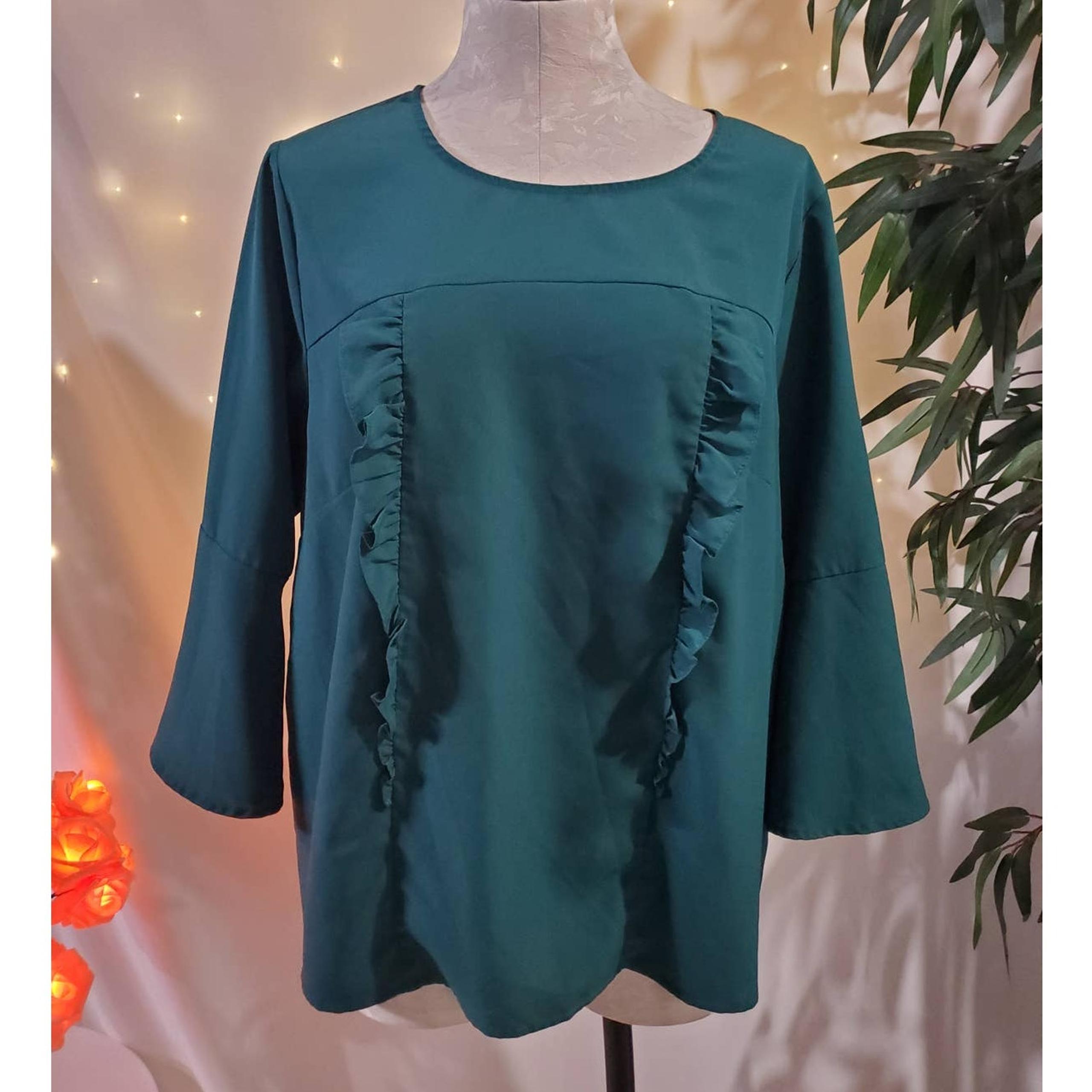Eloquii Ruffle Front Emerald Green Bell Sleeve Blouse Top Womens Plus Size 16