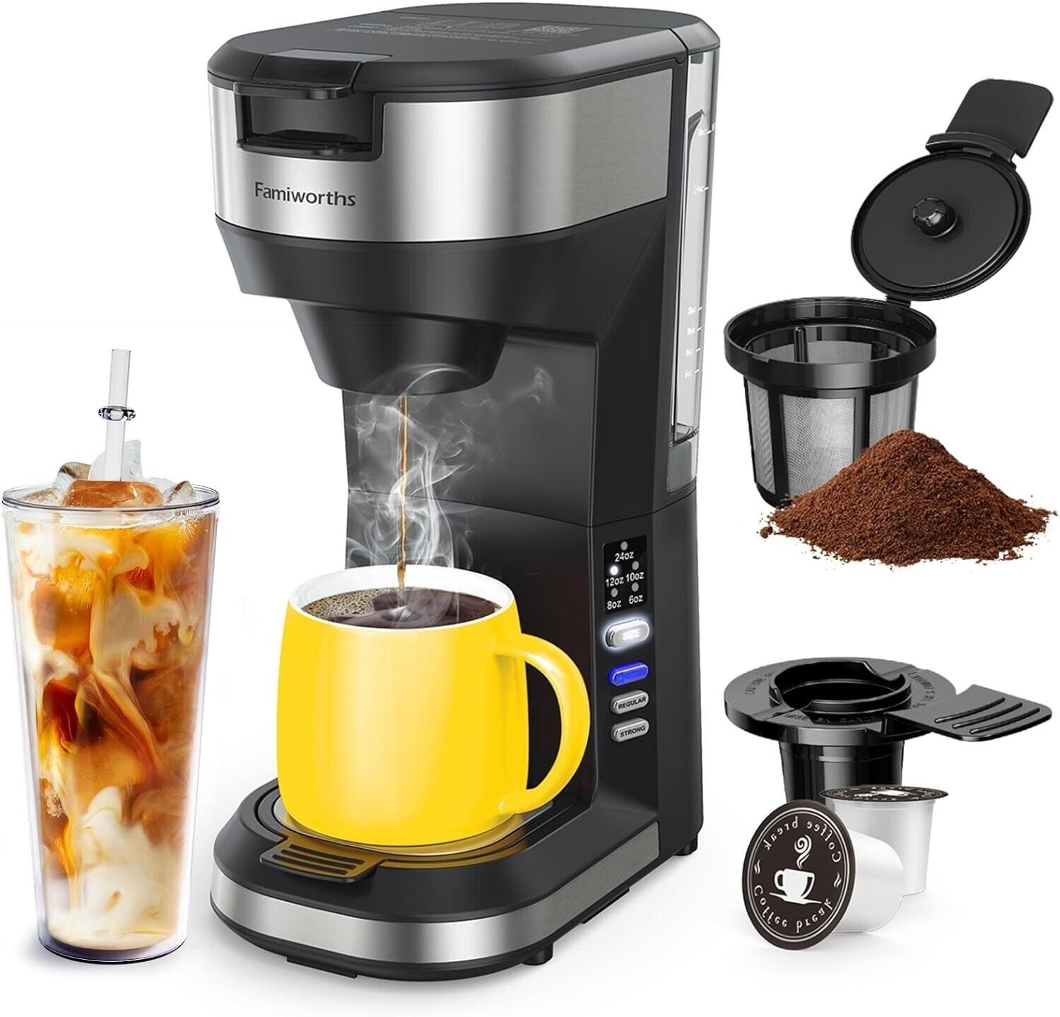 Famiworths Upgraded Hot and Iced Coffee Maker K Cups Ground Coffee 24Oz Cup Size