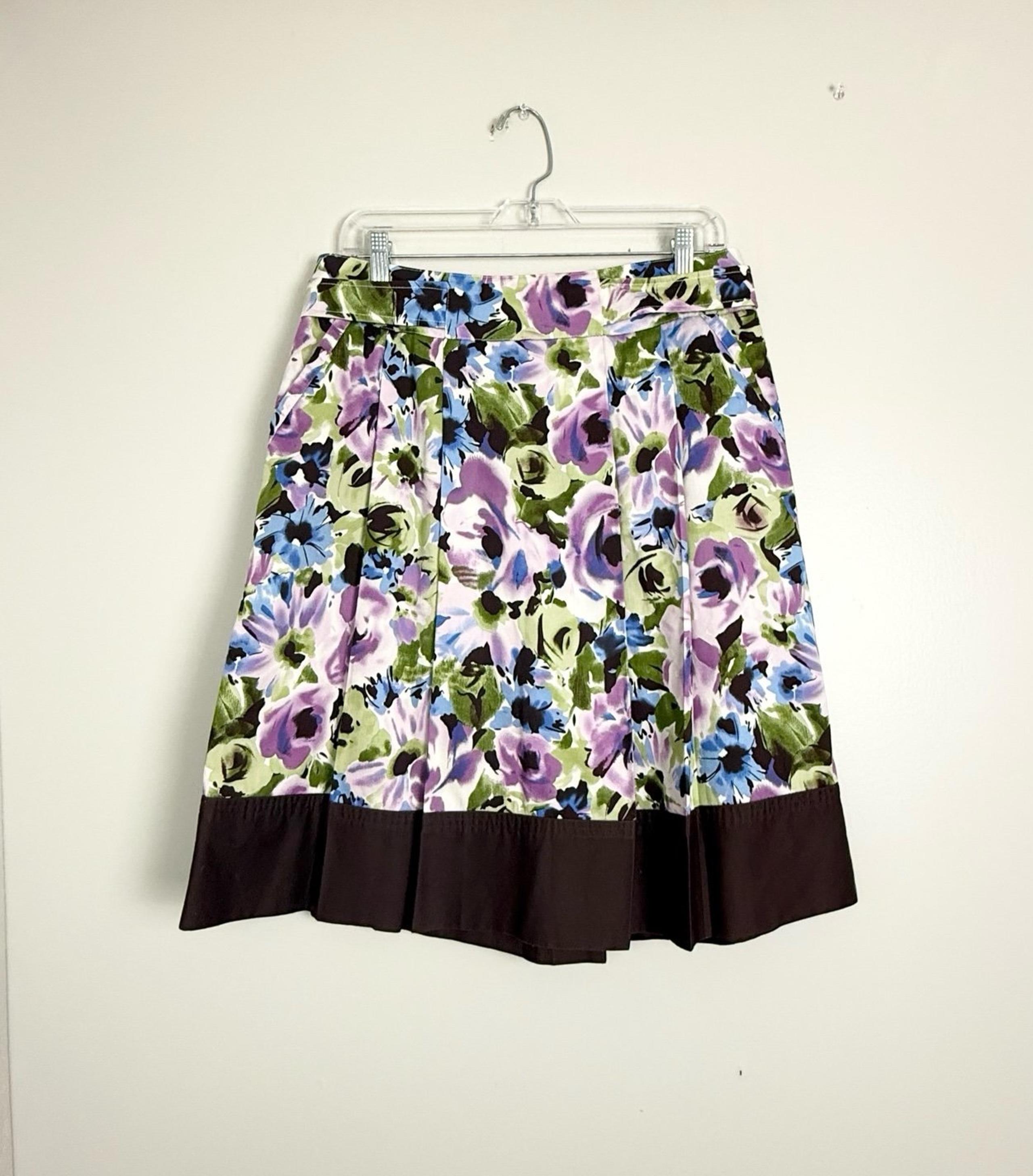 Willi Smith A-Line Skirt Pleated Brown Wide Trim Abstract Floral Pattern Size 10