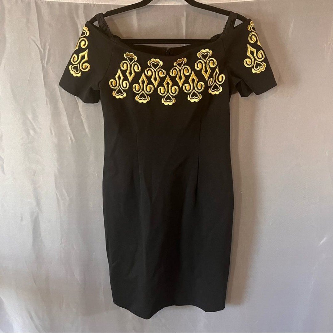 Outlander Evening Black Ponte Knit Gold Embroidery Off Shoulder Dress Size Small