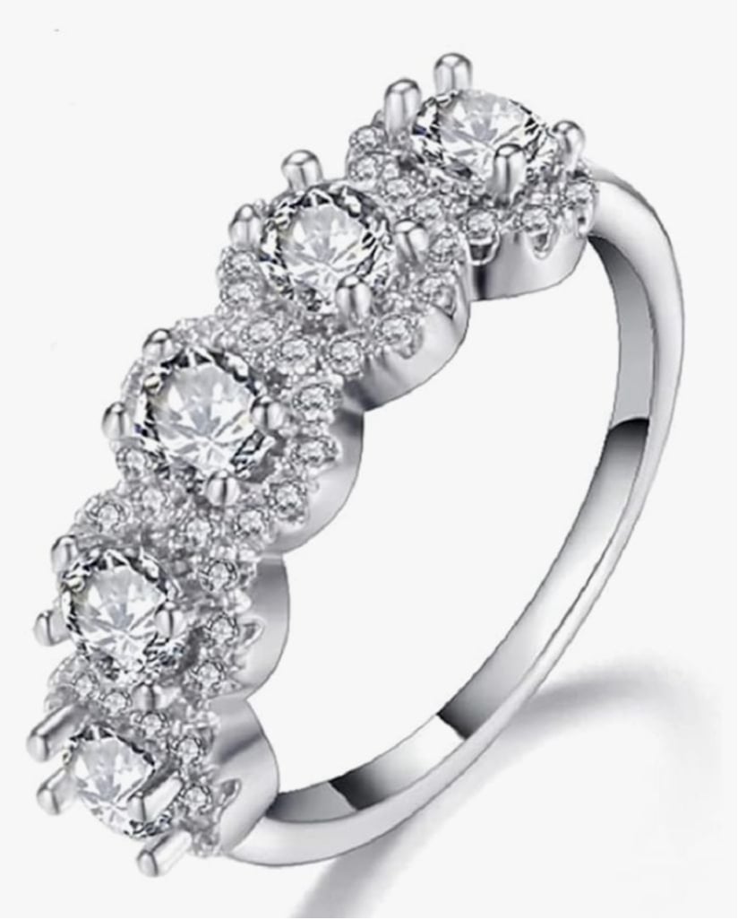 NEW Women's 5 Stone Halo Simulated Diamond Platinum-Plated Wedding Ring Size 6