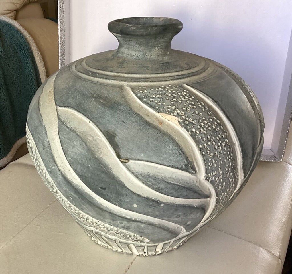 Pier 1 Blue Gray Ceramic Vase White Swirls Hand Crafted Pottery Large 8” Heavy
