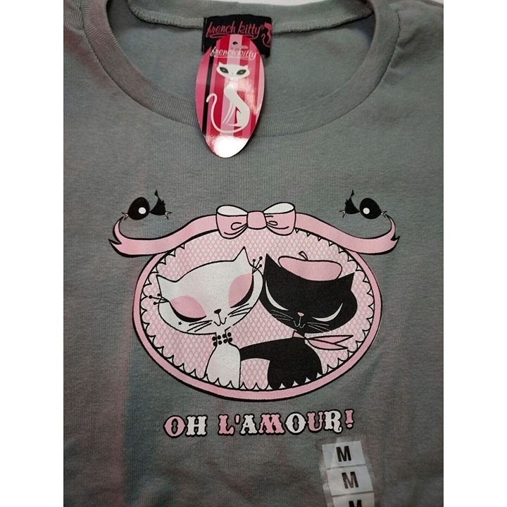 Vintage French Kitty by Mighty Fine Womens Top, Oh L' Amour, Cats, Grey, Medium
